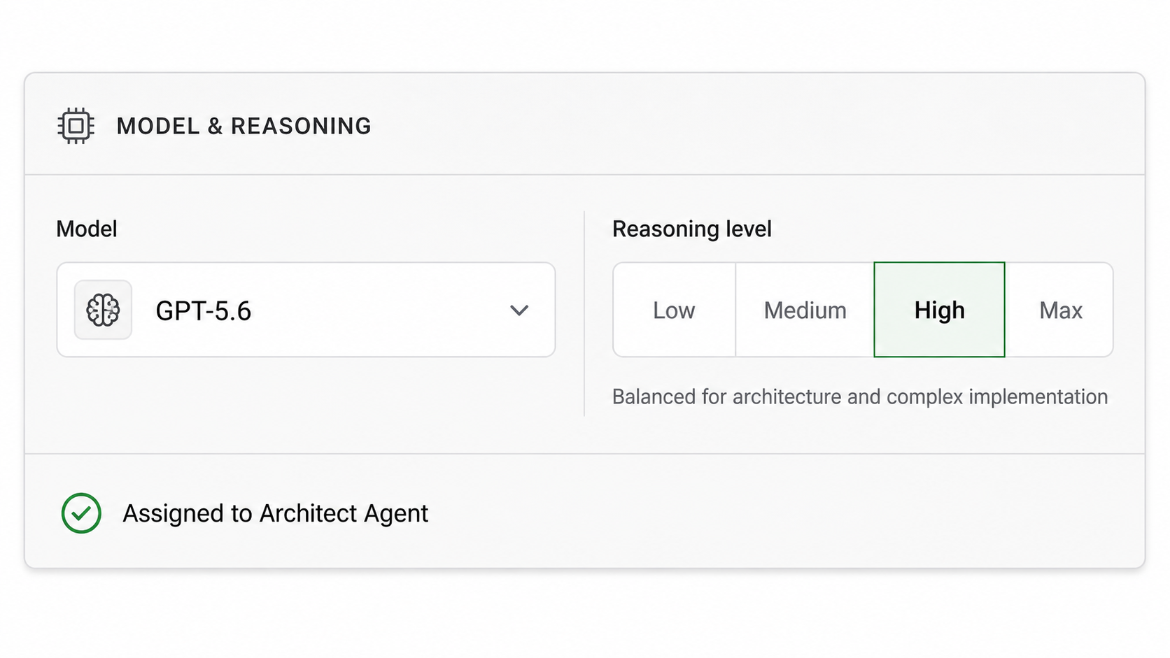 Prinevo model and reasoning panel showing GPT-5.6 with High reasoning assigned to the Architect Agent.