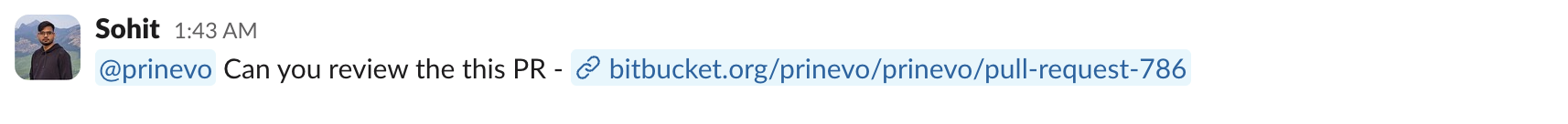Slack request asking Prinevo to review a Bitbucket pull request.